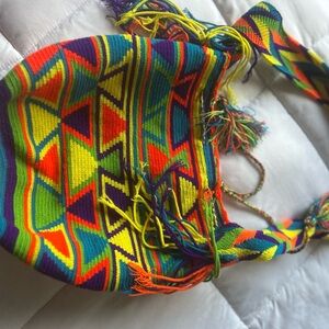 Red and Yellow Geometric Crossbody Bag with Fringe